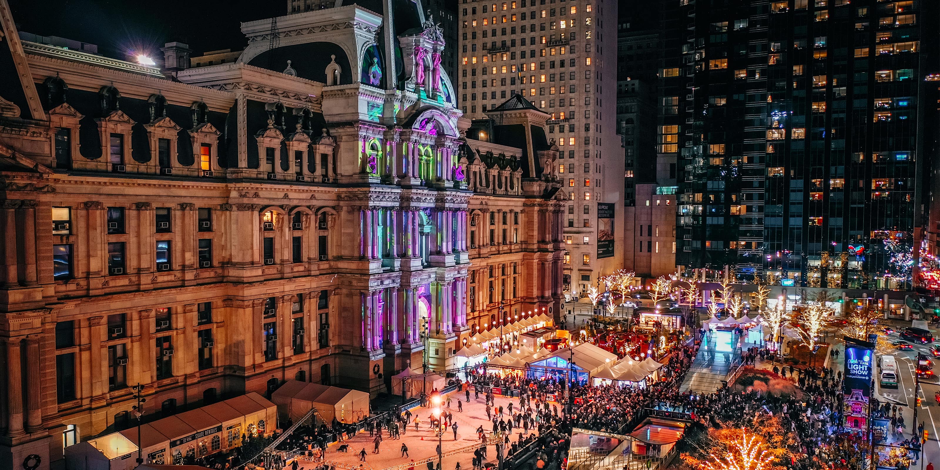 Philadelphia center city at Christmas time at night.