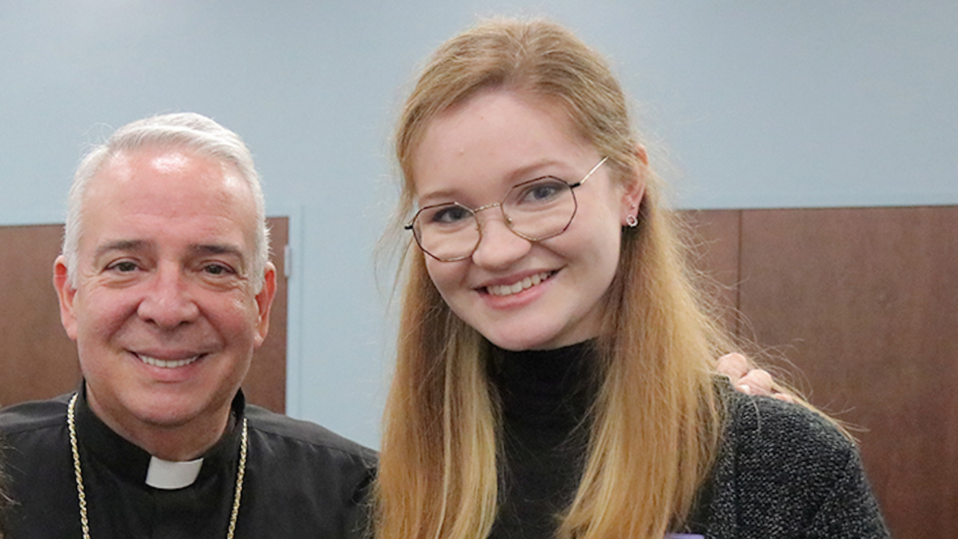Philadelphia Archbishop Nelson Pérez (left) and Julia Osęka ’25 (right) at SCHEAP discernment gathering at Neumann University on January 24, 2023