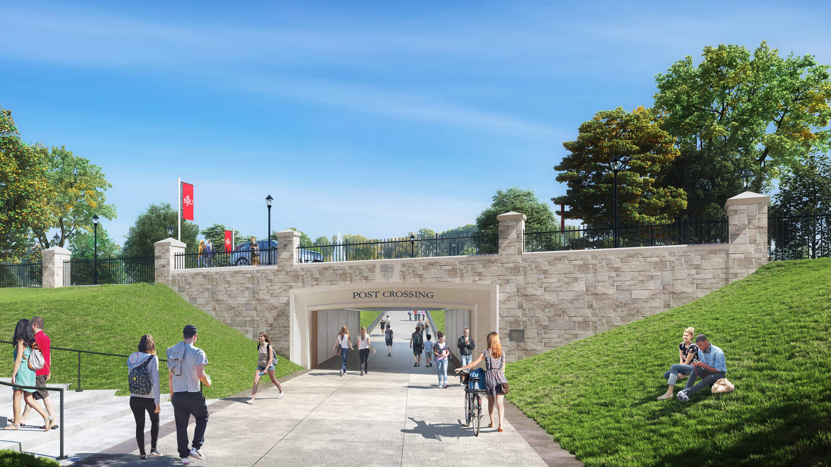 Rendering of students using Post Crossing to walk between Saint Joseph's Lower Merion and West Philadelphia sides of the Hawk Hill campus.